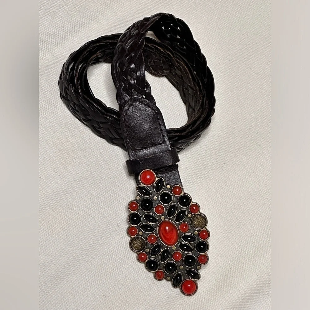 Artisan BELT Leather Braided M Brown Adjustable jeweled Red Gem Buckle 5484 Y